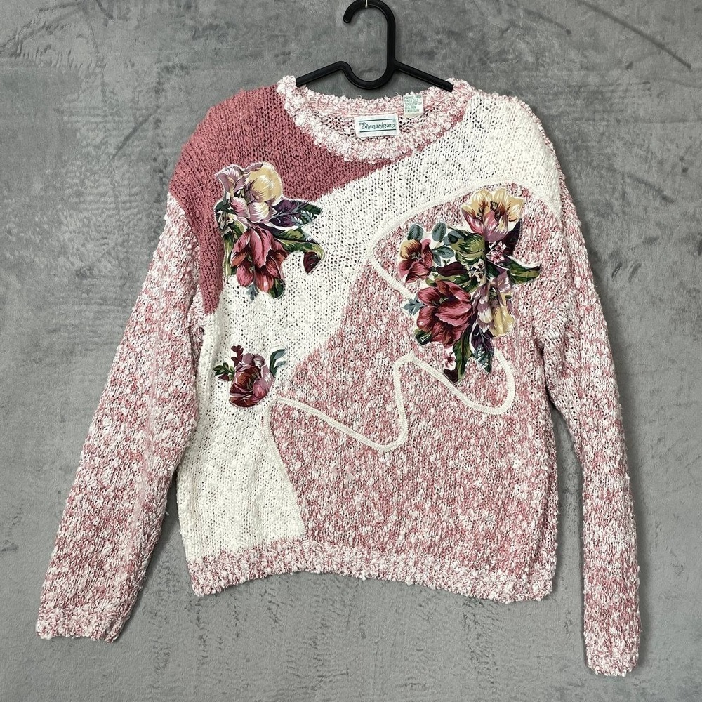 Vintage 80s Shenanigans Floral Applique Knit Granny Sweater Medium Pink White